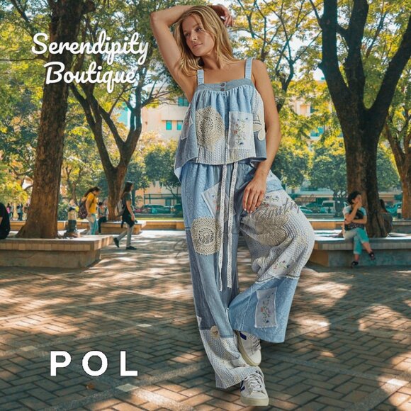 POL Lace & Patchwork Denim Gauze Super Baggy Flare Wide Leg Boho Pants - Picture 9 of 11